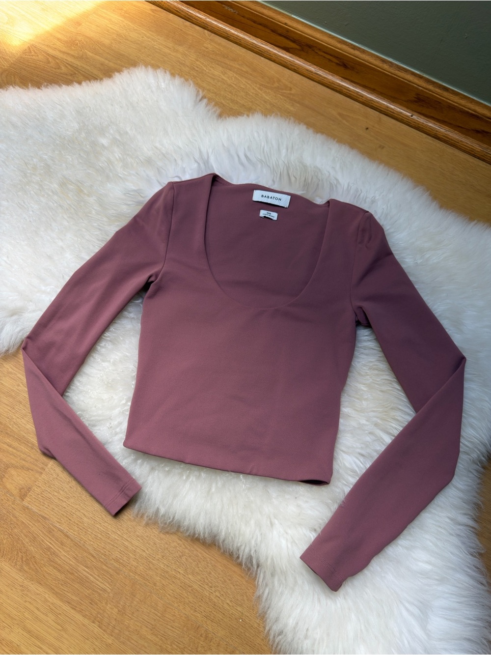 Babaton by Aritzia Dusty Rose Long-Sleeve Scoop Neck Crop Top